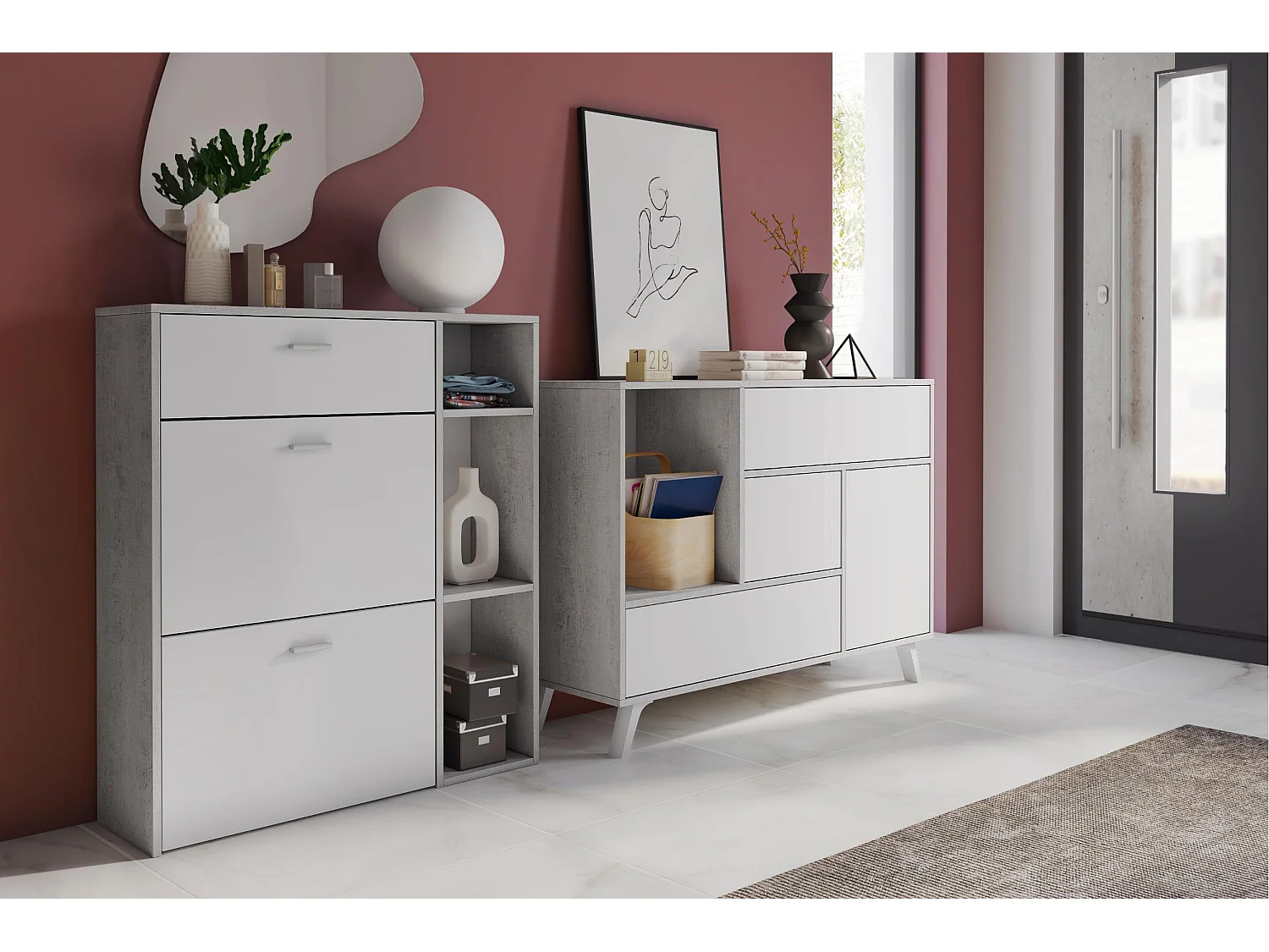 Conjunto Entrada - Sala de jantar, Móvel auxiliar, Cimento/Branco - Aparador-Sapateira