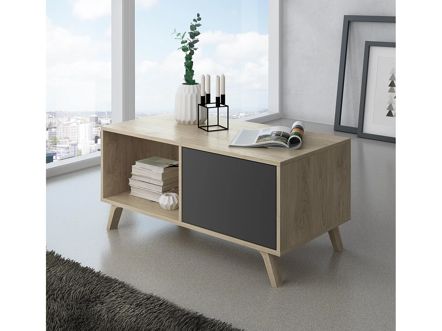 Central Low Table, Windmodel, 91,5x50x45cm, Woonkamer, hal, kantoor, Eik en grijs, Moderne stijl