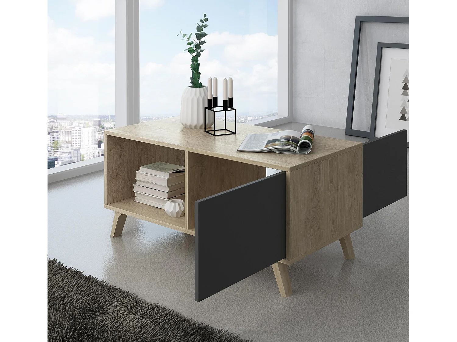 Table basse avec portes, modèle WIND, Chêne et Gris Anthracite, 91,5x50x45cm