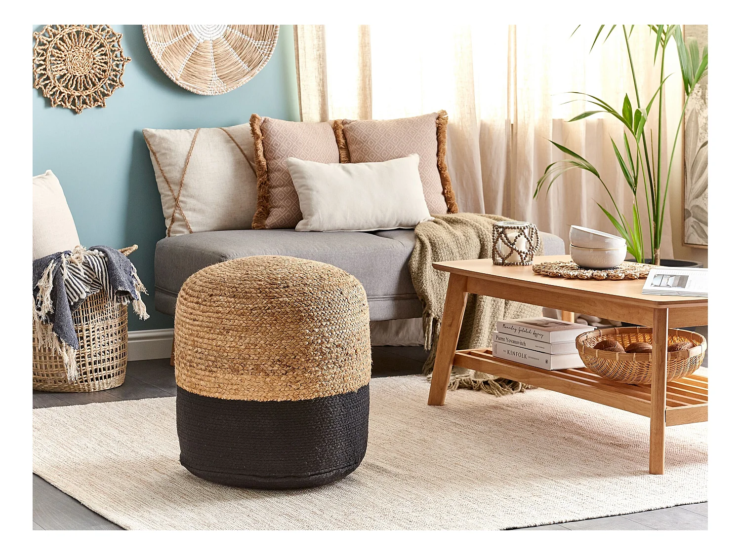 Indoor Pouf zweifarbig schwarz/sandbeige Füllung EPS rund ⌀46 cm Boho Dalama