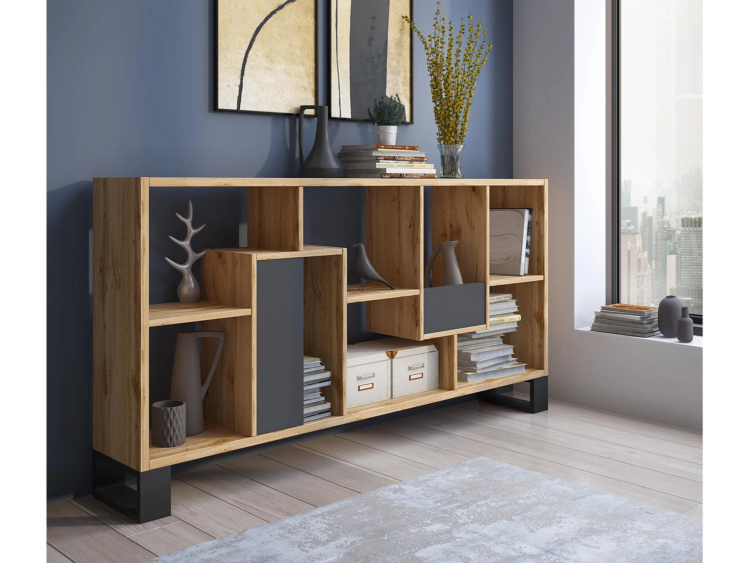 Estantería librería diseño salón comedor, Modelo LOFT, color estructura Roble Oscuro, 69x25x168cm