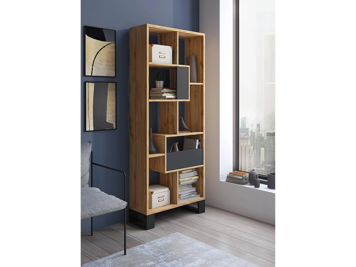 Estantería librería diseño salón comedor, Modelo LOFT, color estructura Roble Oscuro, 69x25x168cm