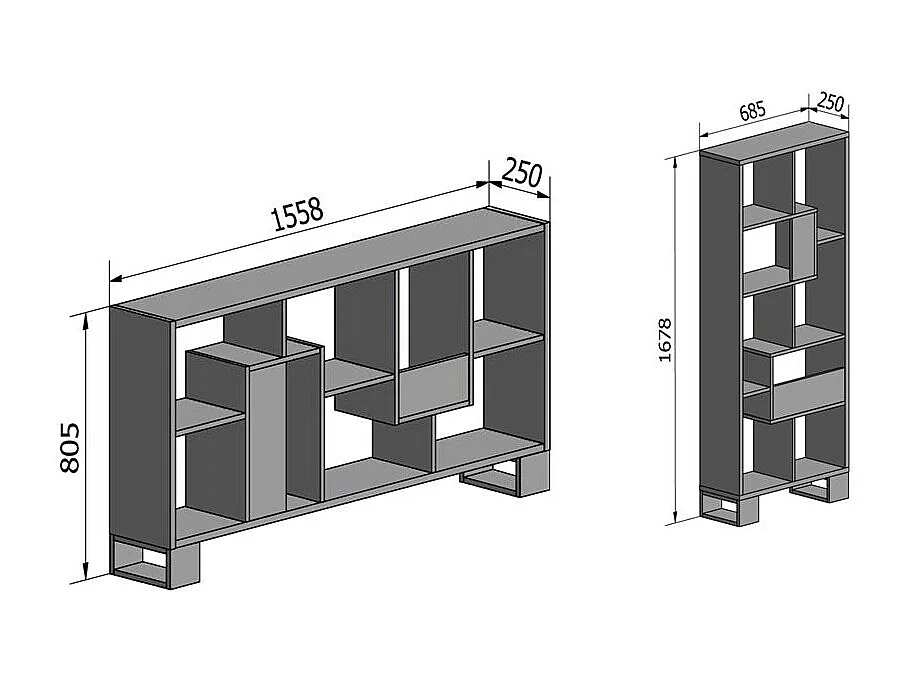 Estantería librería diseño salón comedor, Modelo LOFT, color estructura Roble Oscuro, 69x25x168cm
