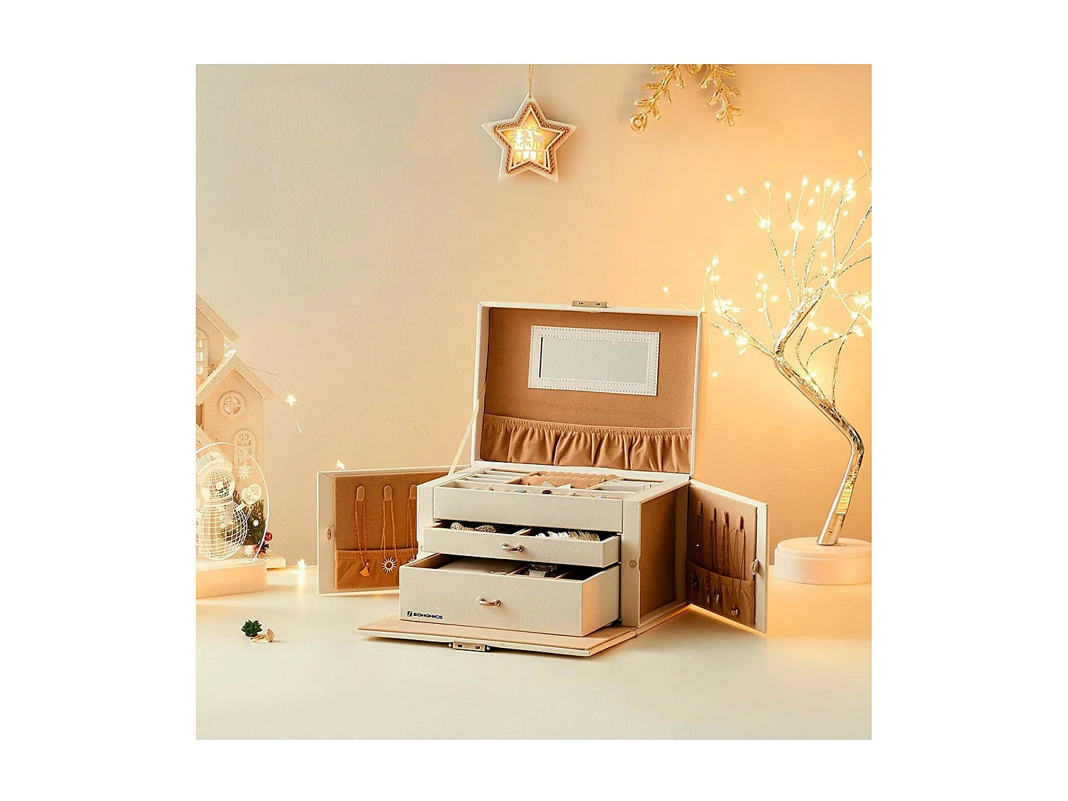 Boîte à Bijoux 2 Tiroirs avec Miroir - Blanc