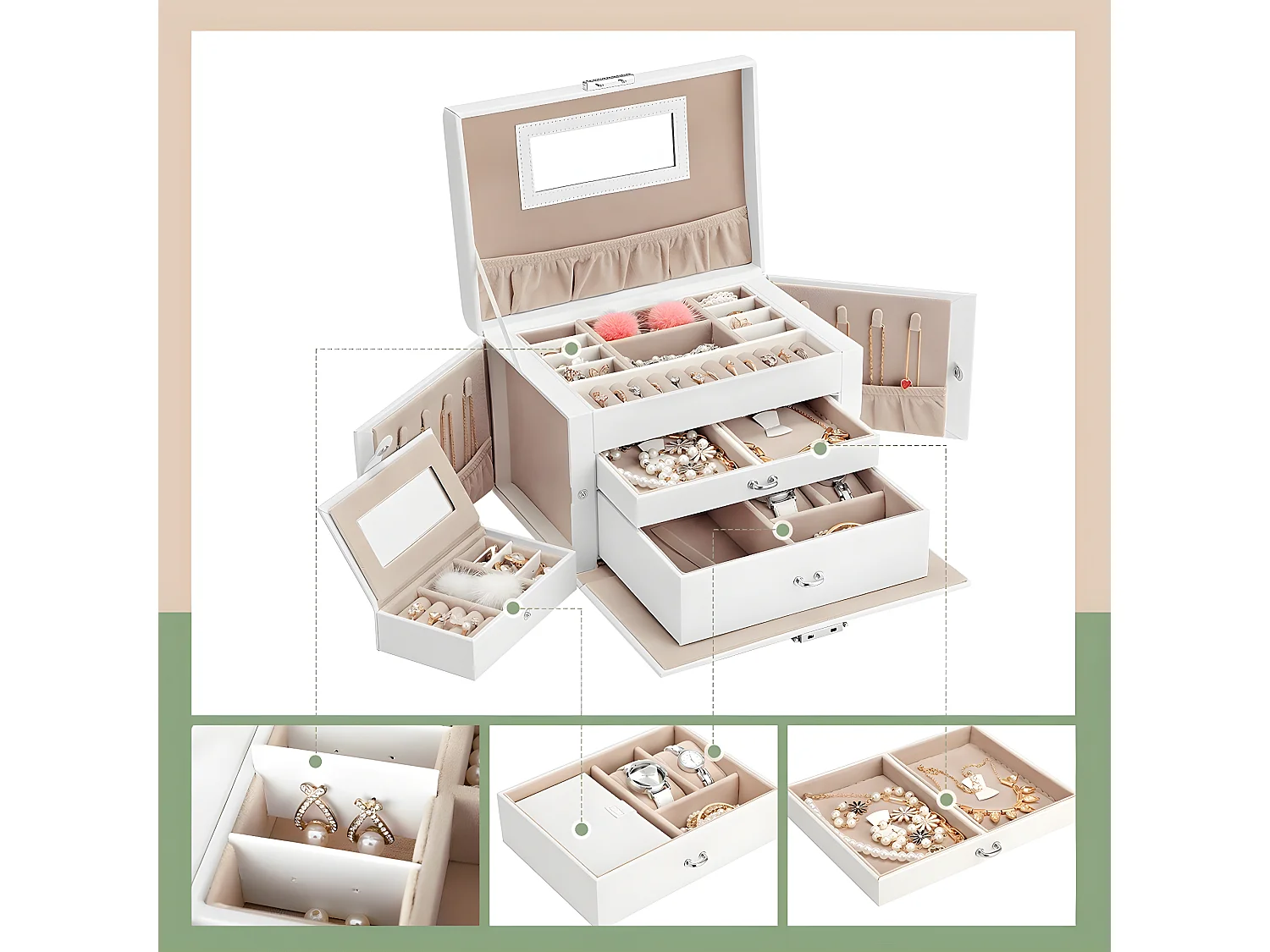 Boîte à Bijoux 2 Tiroirs avec Miroir - Blanc