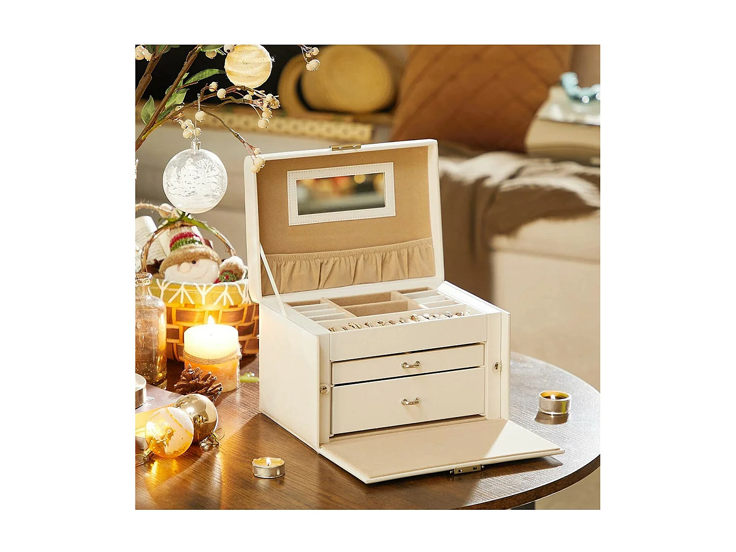 Boîte à Bijoux 2 Tiroirs avec Miroir - Blanc