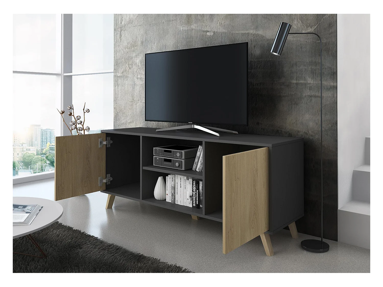 Möbel TV 140 mit 2 Türen, Wohnzimmer, Modell WIND, Strukturfarbe Anthrazitgrau, Türfarbe Eiche, 140x40x57cm