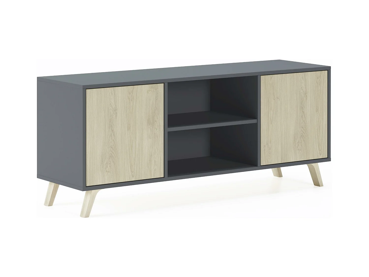 Meuble TV 137x40x57cm avec 2 portes, modèle WIND, structure Gris Anthracite, portes chêne