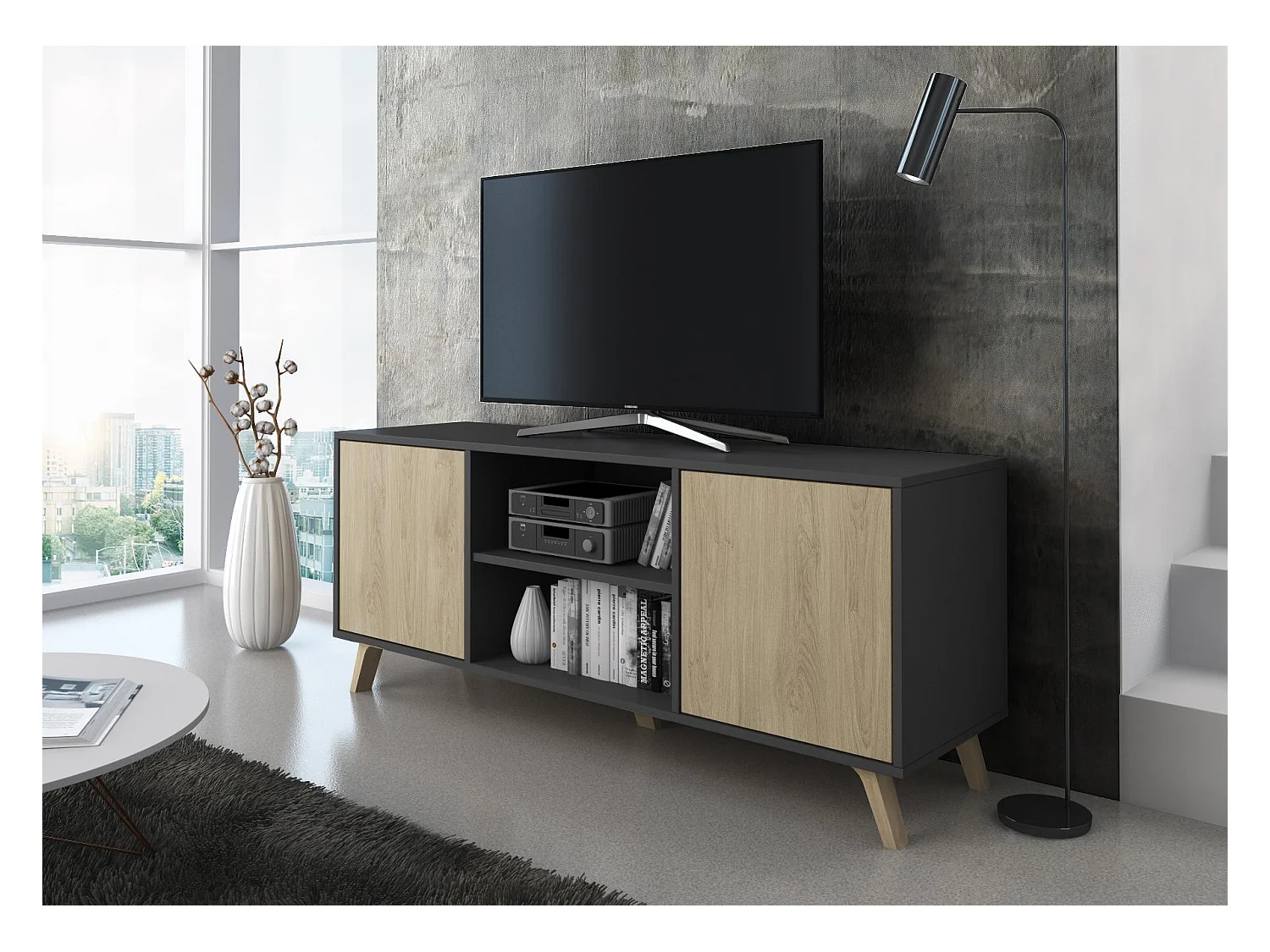 Mueble TV 140 Modelo WIND, color estructura Gris Antracita, color puertas Roble, 137x40x57cm
