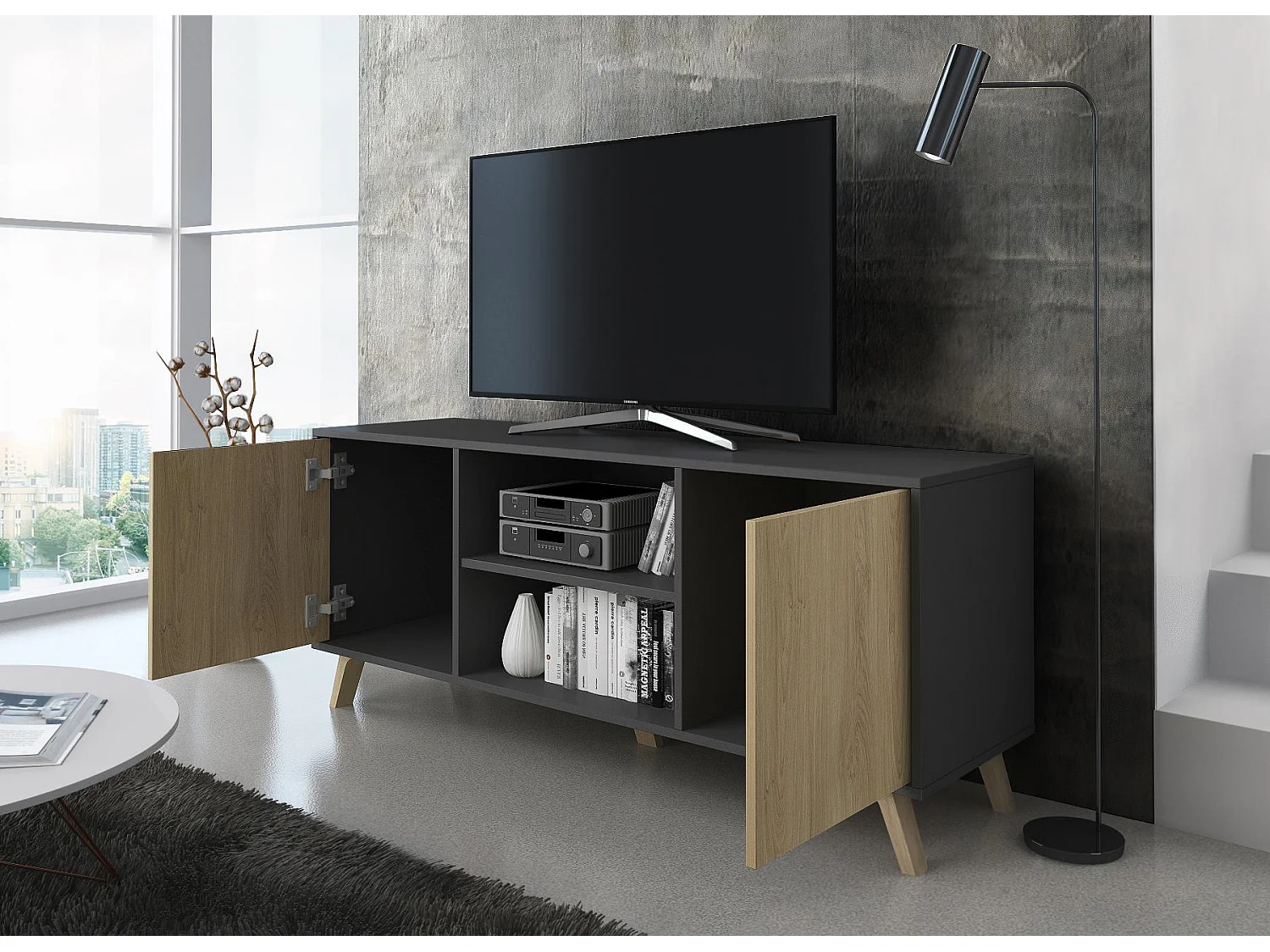 Mueble TV 140 Modelo WIND, color estructura Gris Antracita, color puertas Roble, 137x40x57cm