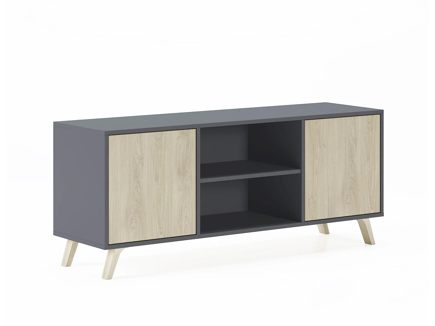 Meuble TV 137x40x57cm avec 2 portes, modèle WIND, Gris Anthracite et chêne