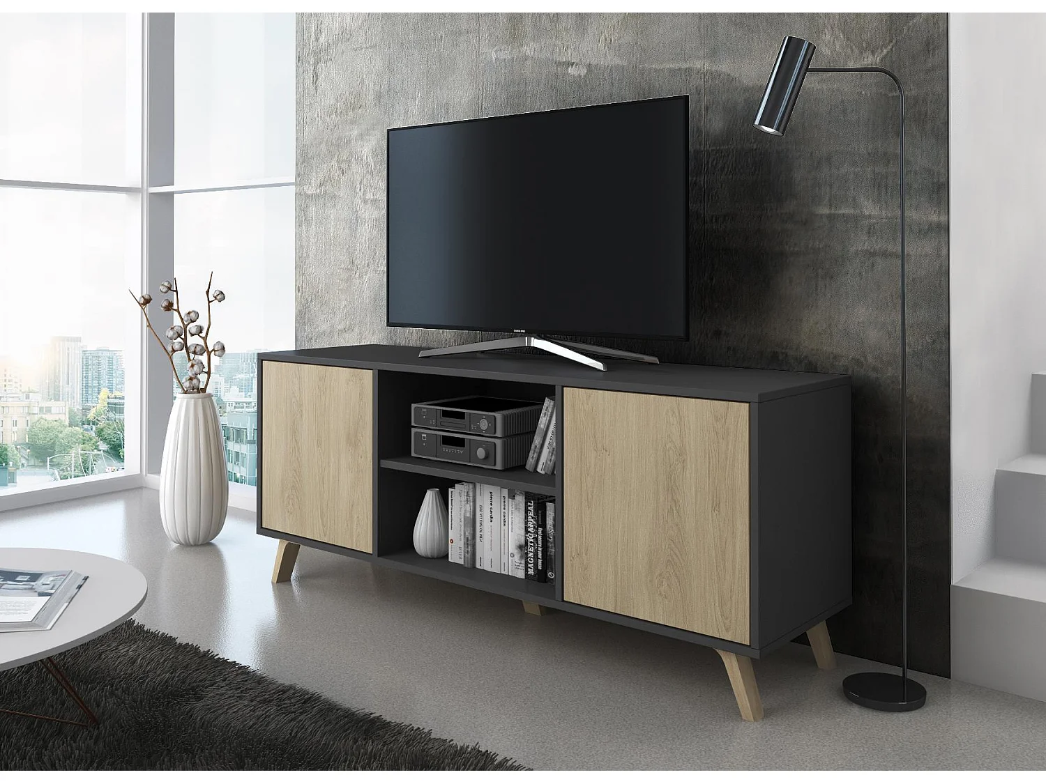 Meuble TV 137x40x57cm avec 2 portes, modèle WIND, Gris Anthracite et chêne