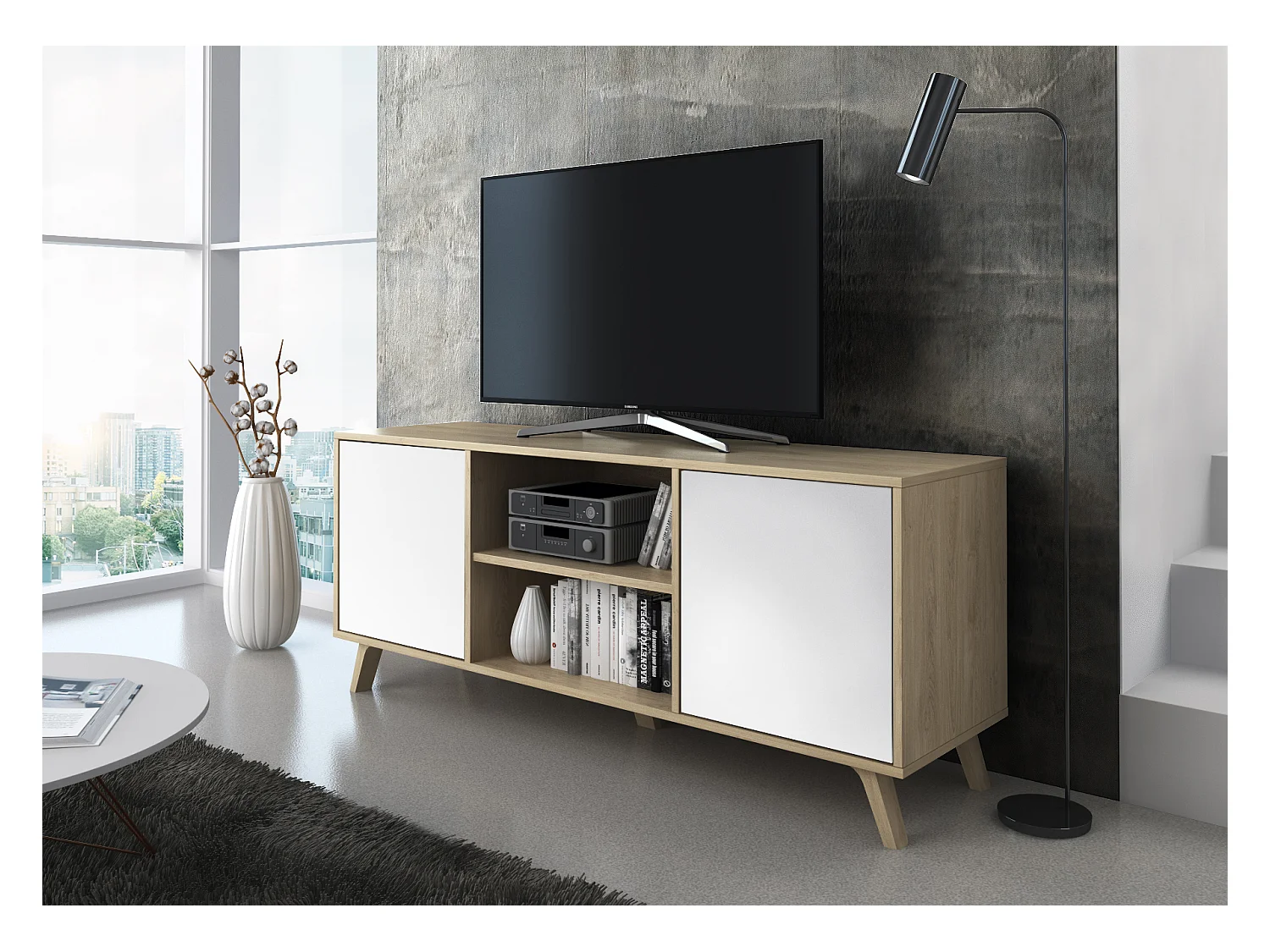 Televisiemeubels, Windmodel, 137x40x57cm, Eetkamer, Eik en wit, Moderne stijl