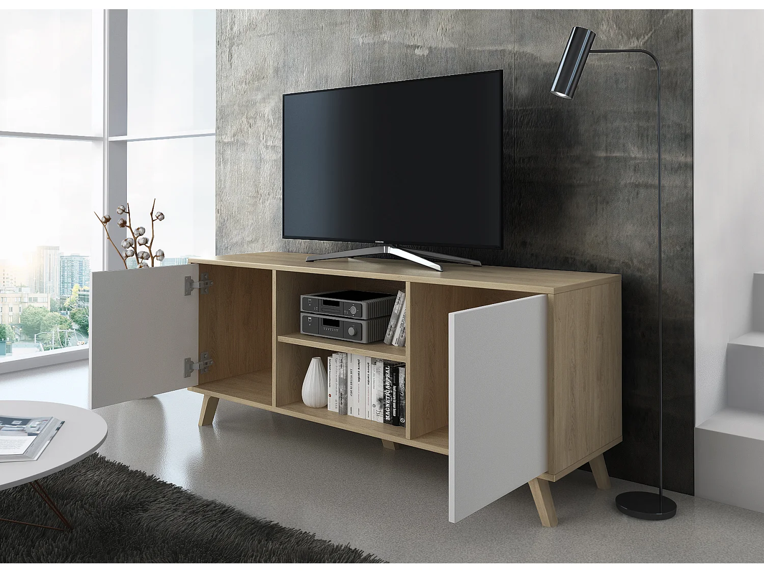 Televisiemeubels, Windmodel, 137x40x57cm, Eetkamer, Eik en wit, Moderne stijl