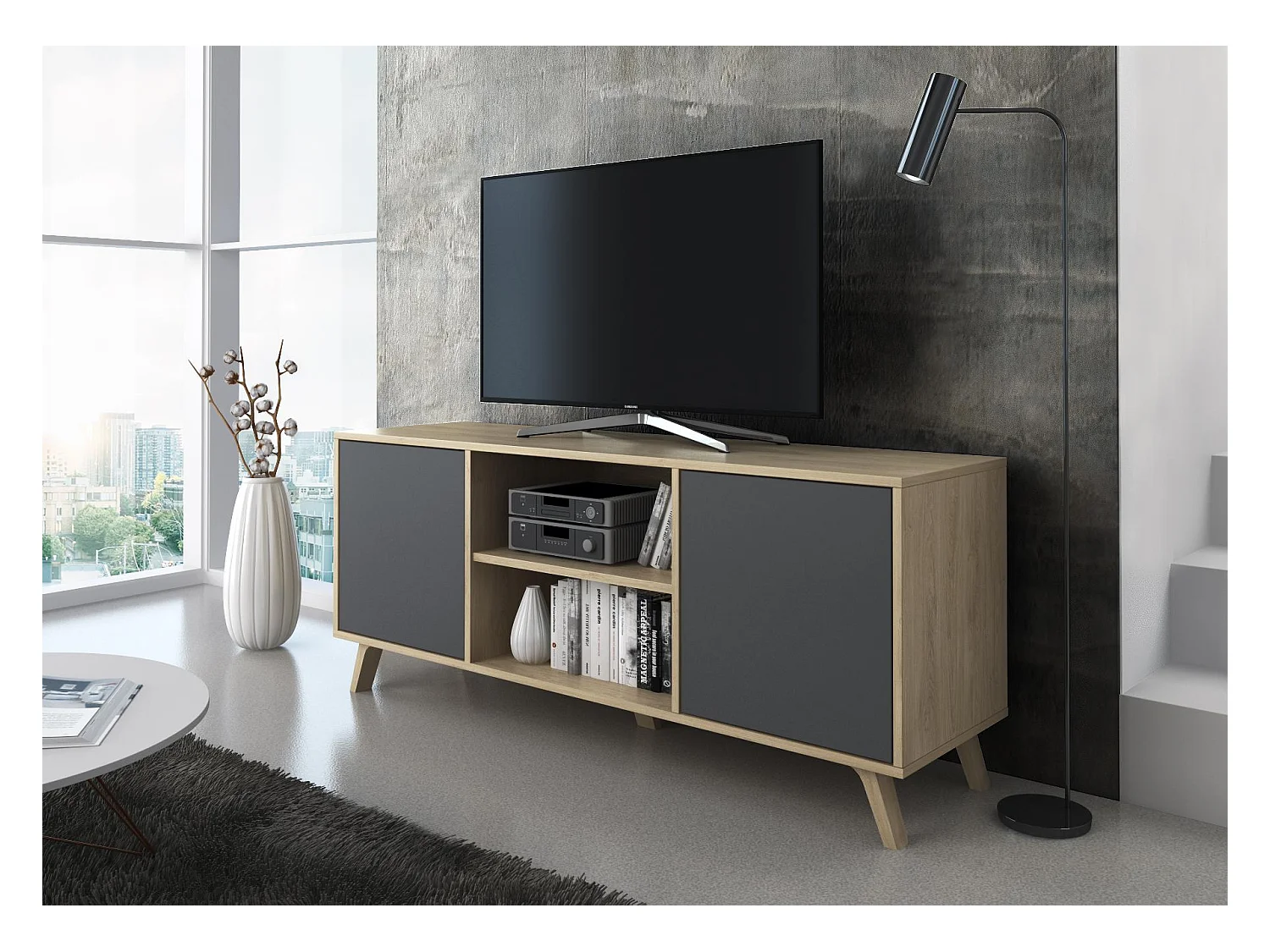 Möbel TV 140 mit 2 Türen, Wohnzimmer, WIND-Modell, Eiche-Strukturfarbe, anthrazitgraue Türfarbe, 140x40x57cm