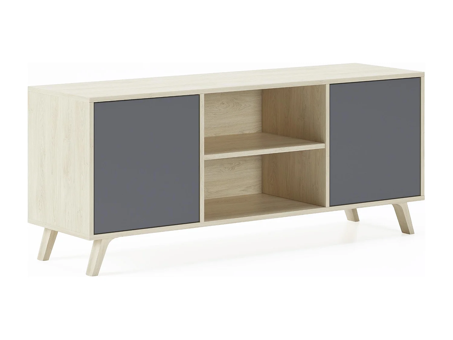 Möbel TV 140 mit 2 Türen, Wohnzimmer, WIND-Modell, Eiche-Strukturfarbe, anthrazitgraue Türfarbe, 140x40x57cm