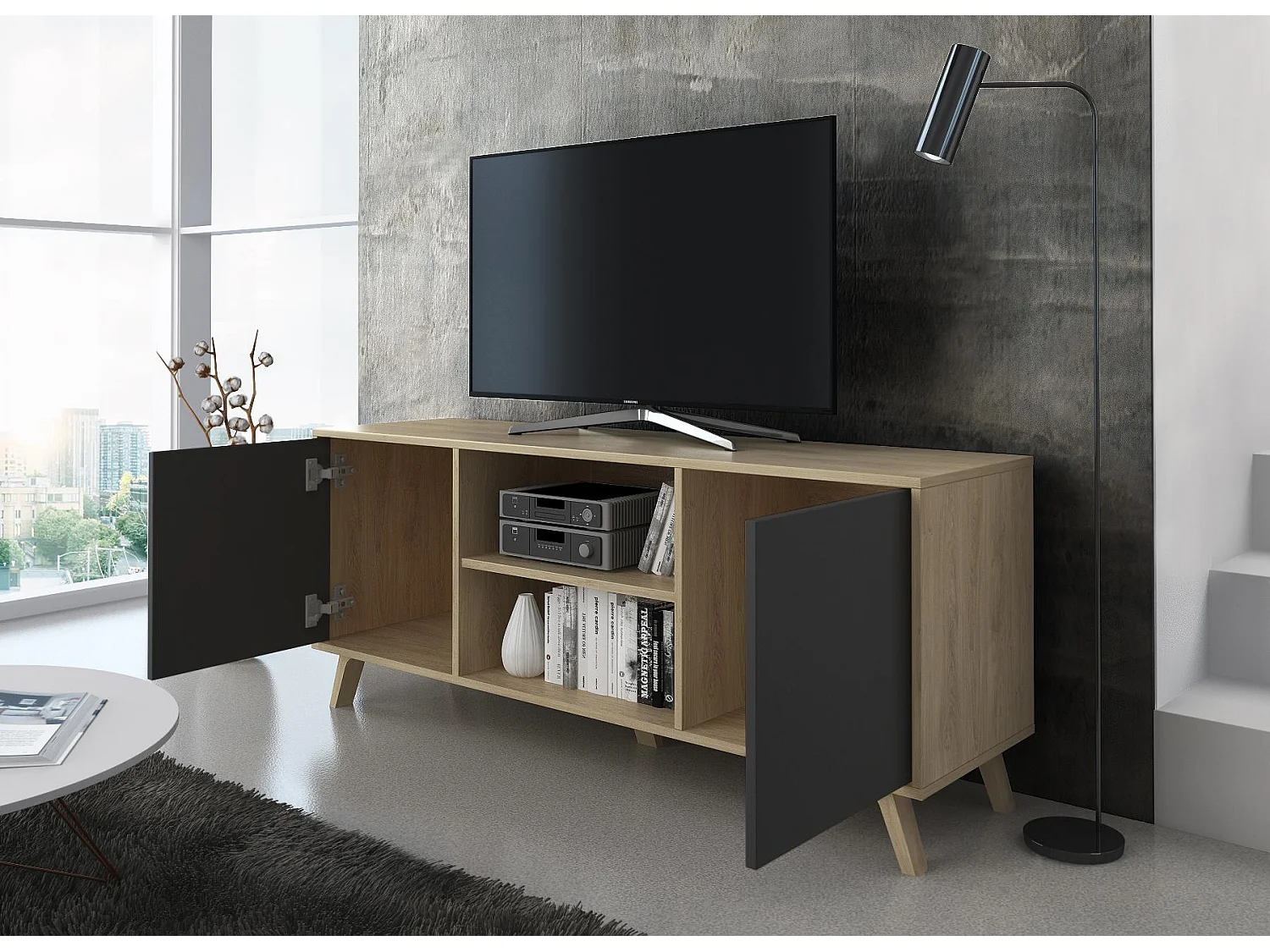 Möbel TV 140 mit 2 Türen, Wohnzimmer, WIND-Modell, Eiche-Strukturfarbe, anthrazitgraue Türfarbe, 140x40x57cm