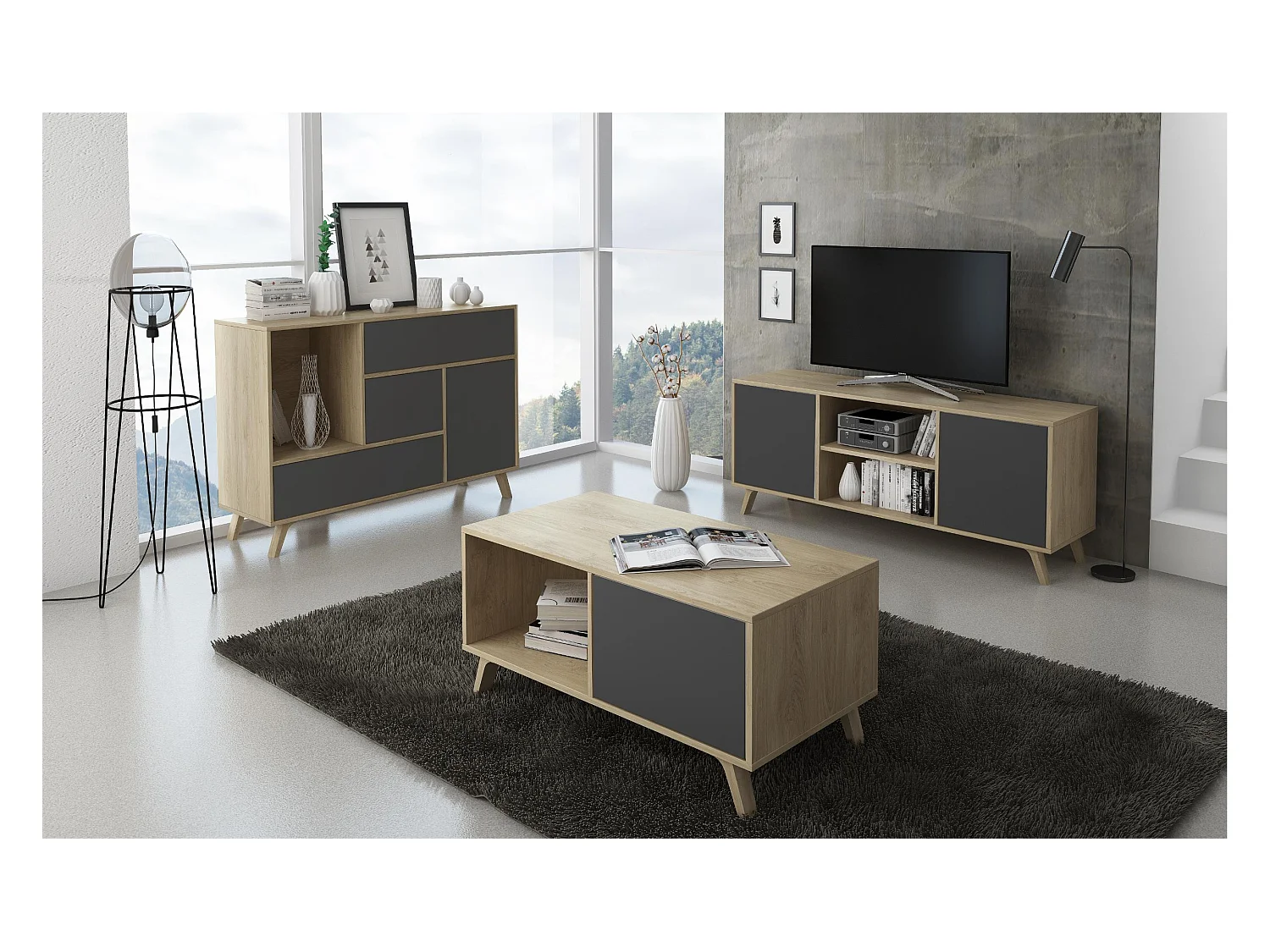 Möbel TV 140 mit 2 Türen, Wohnzimmer, WIND-Modell, Eiche-Strukturfarbe, anthrazitgraue Türfarbe, 140x40x57cm