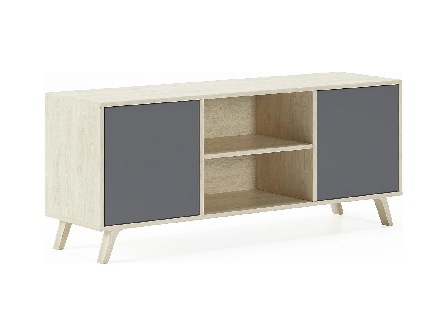 Meuble TV 137x40x57cm avec 2 portes, modèle WIND, couleur structure chêne, portes Anthracite