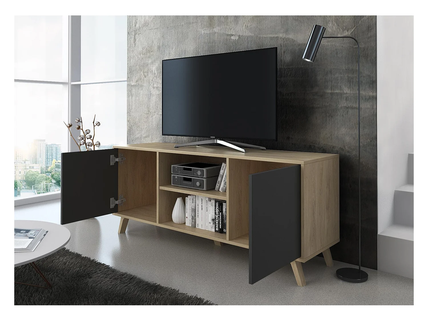 Mueble TV 140 Modelo WIND, color estructura Roble, color puertas Gris Antracita, 137x40x57cm