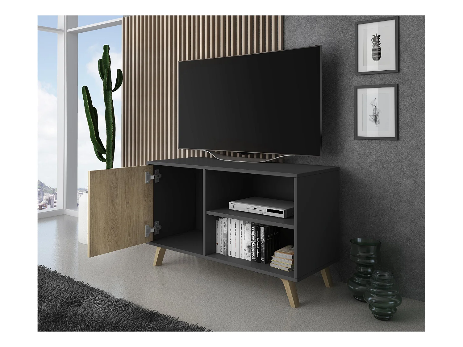 Móvel de TV modelo WIND, cor Cinza Antracite e Carvalho, 95x40x57cm