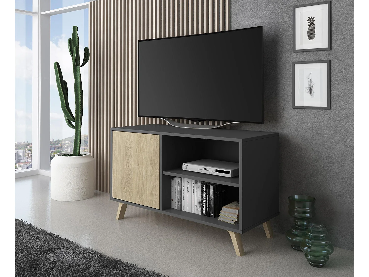 Televisiemeubels, Windmodel, 95x40x57cm, Eetkamer, Grijs en eiken, Moderne stijl