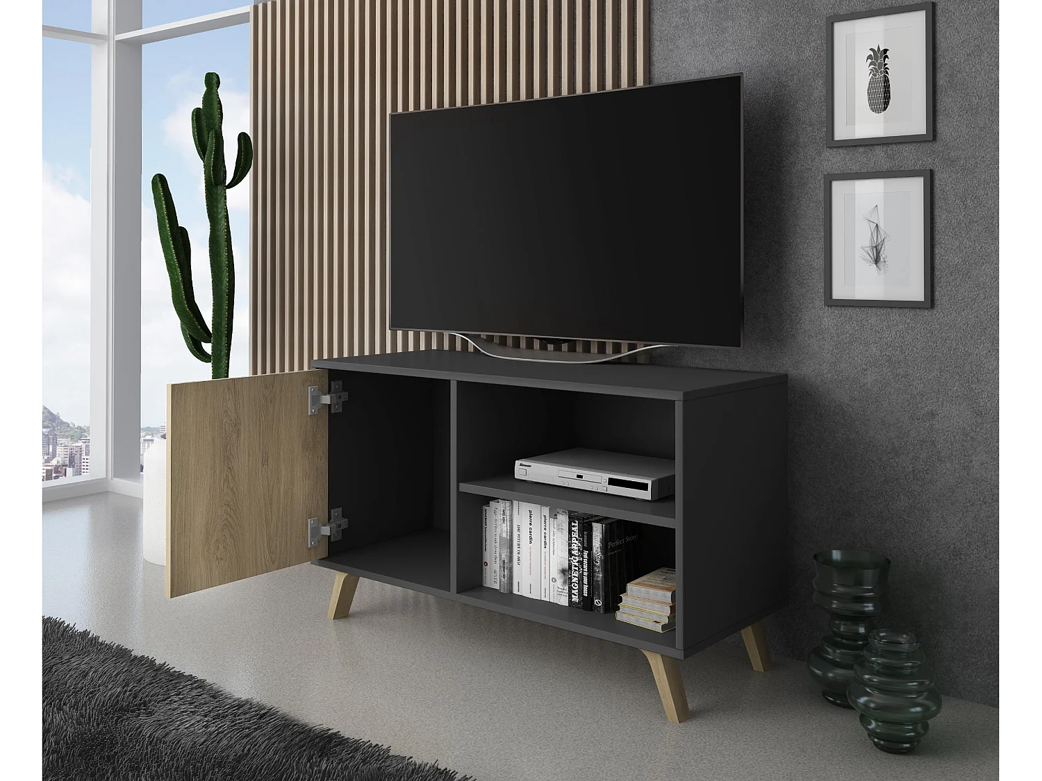 Televisiemeubels, Windmodel, 95x40x57cm, Eetkamer, Grijs en eiken, Moderne stijl