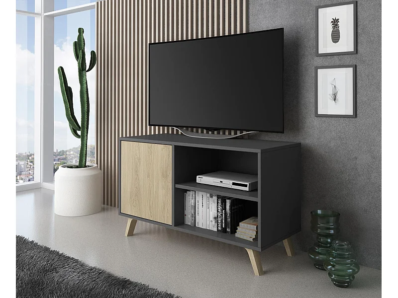 Televisiemeubels, Windmodel, 95x40x57cm, Eetkamer, Grijs en eiken, Moderne stijl