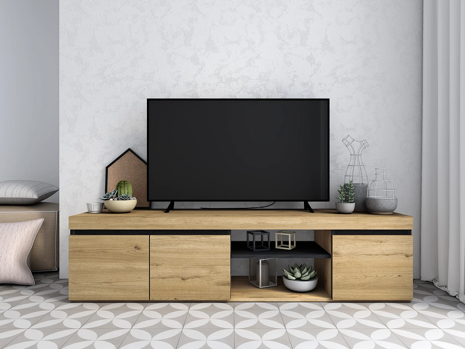Meuble TV mod.NATURALE Chêne et Noir, 2 portes et 2 logements, 160x40x41cm