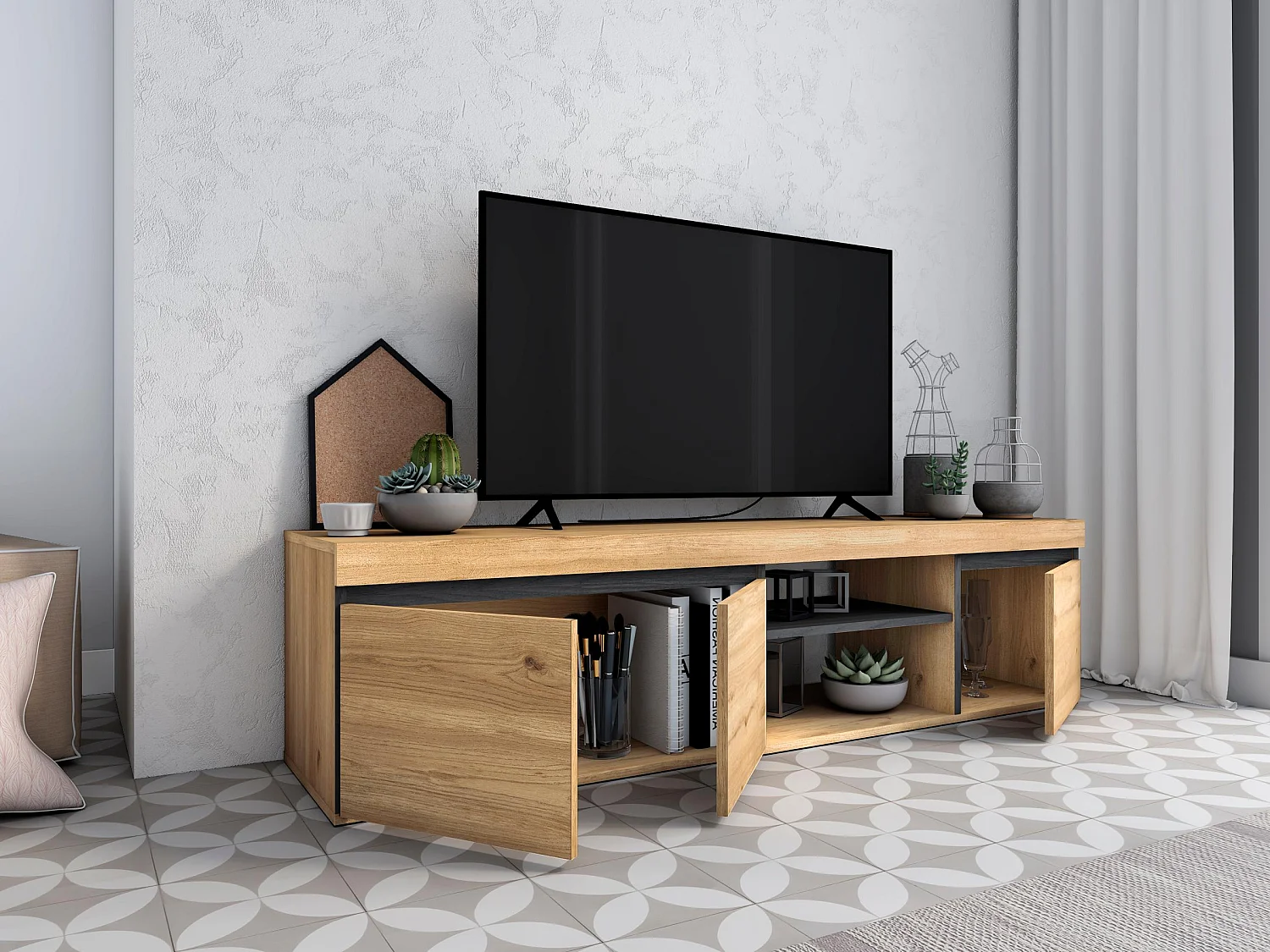 Meuble TV mod.NATURALE Chêne et Noir, 2 portes et 2 logements, 160x40x41cm