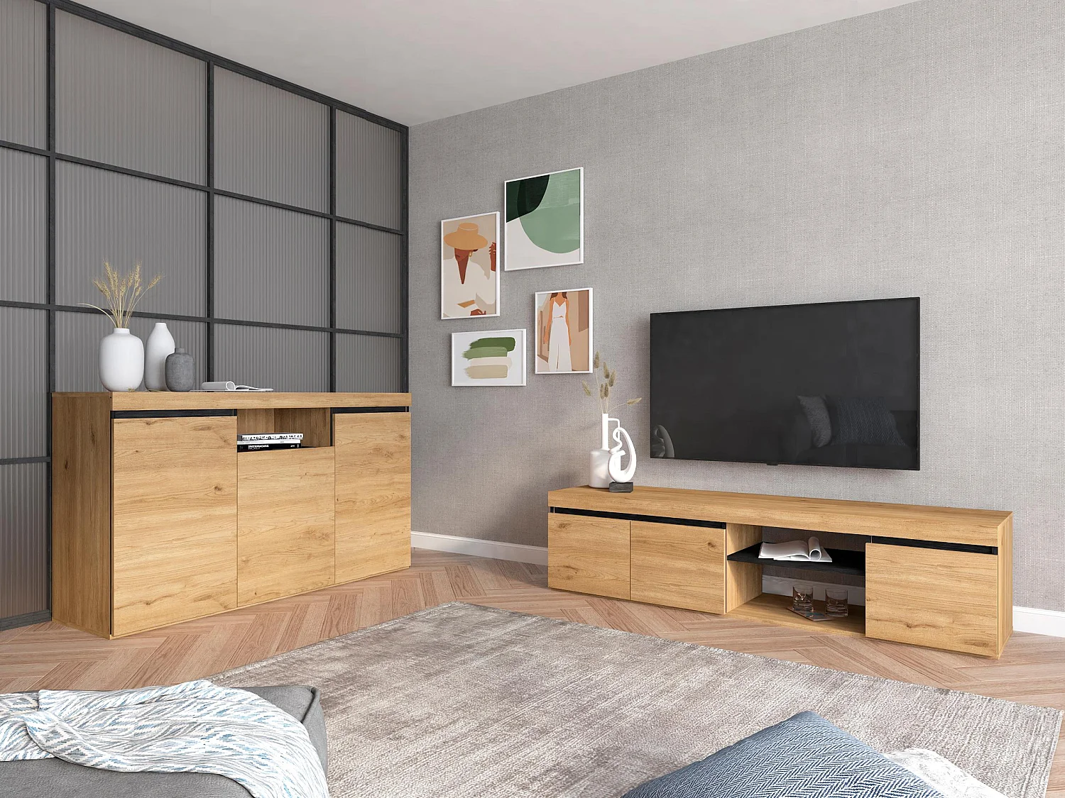 Meuble TV mod.NATURALE Chêne et Noir, 2 portes et 2 logements, 160x40x41cm