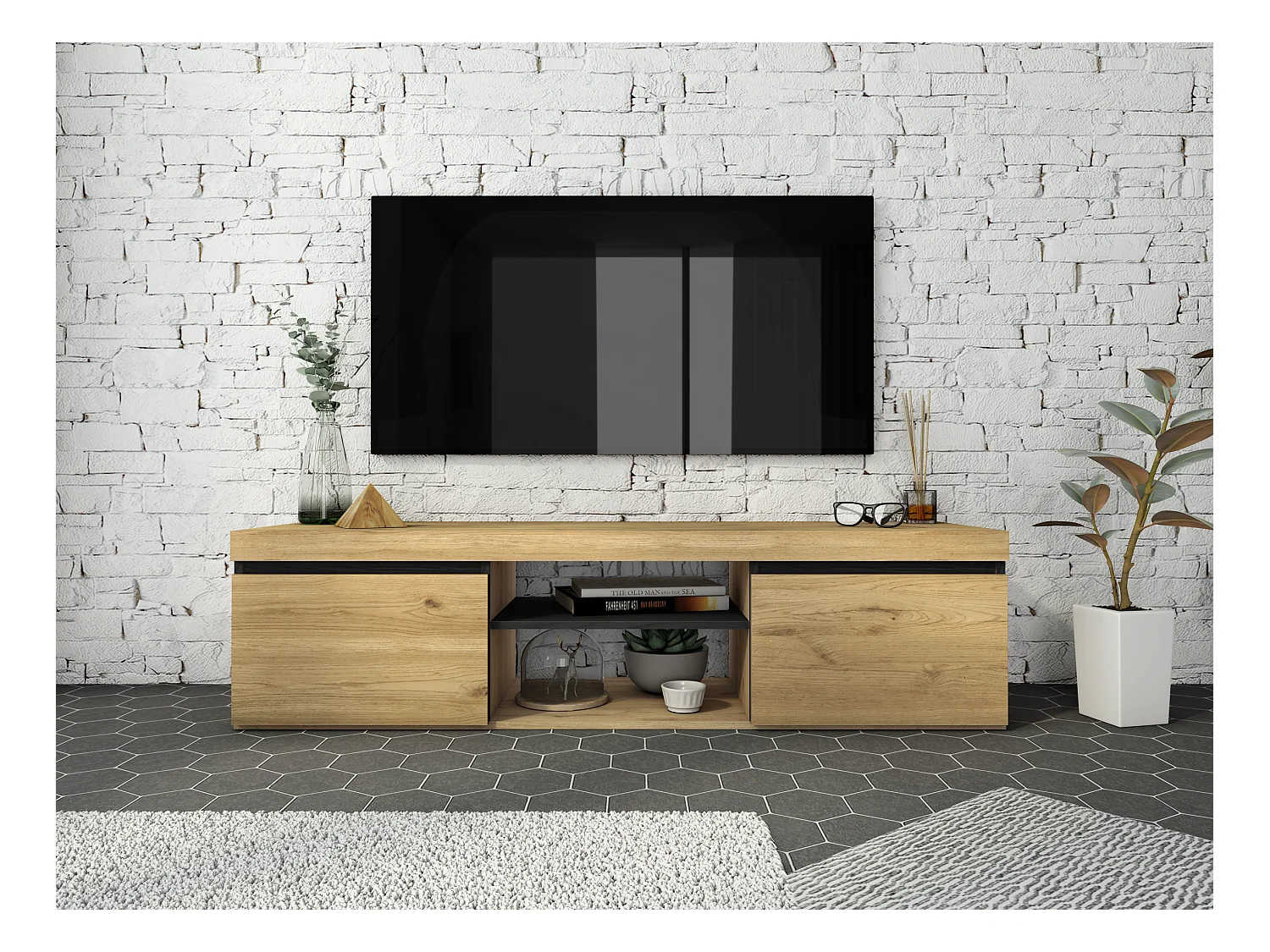 Meuble TV mod.NATURALE ''Chêne/Noir'', 2 portes et 2 logements, 140x40x41cm