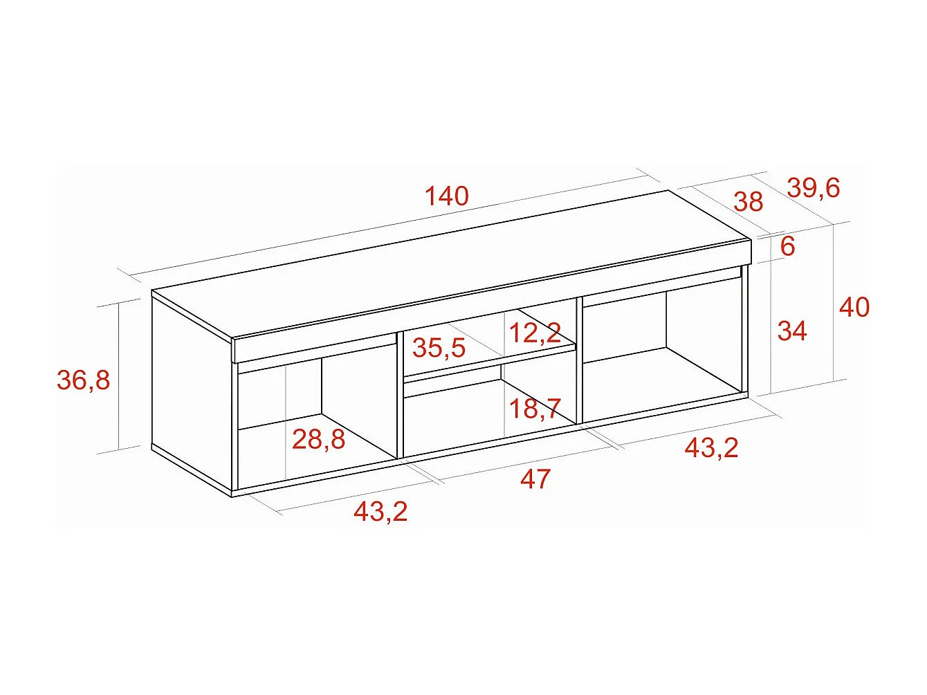 Meuble TV mod.NATURALE ''Chêne/Noir'', 2 portes et 2 logements, 140x40x41cm