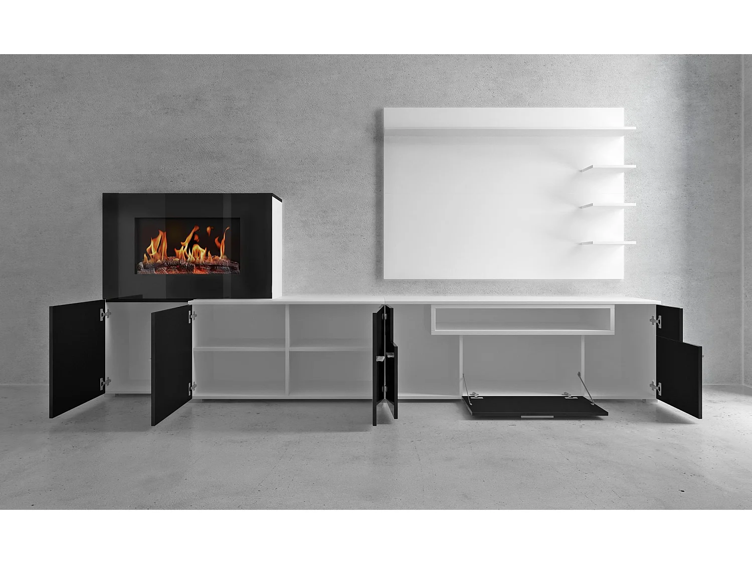 Mobili da soggiorno con camino elettrico a 5 livelli di fiamme, finitura bianco mate e nero laccato, 290x45x170cm