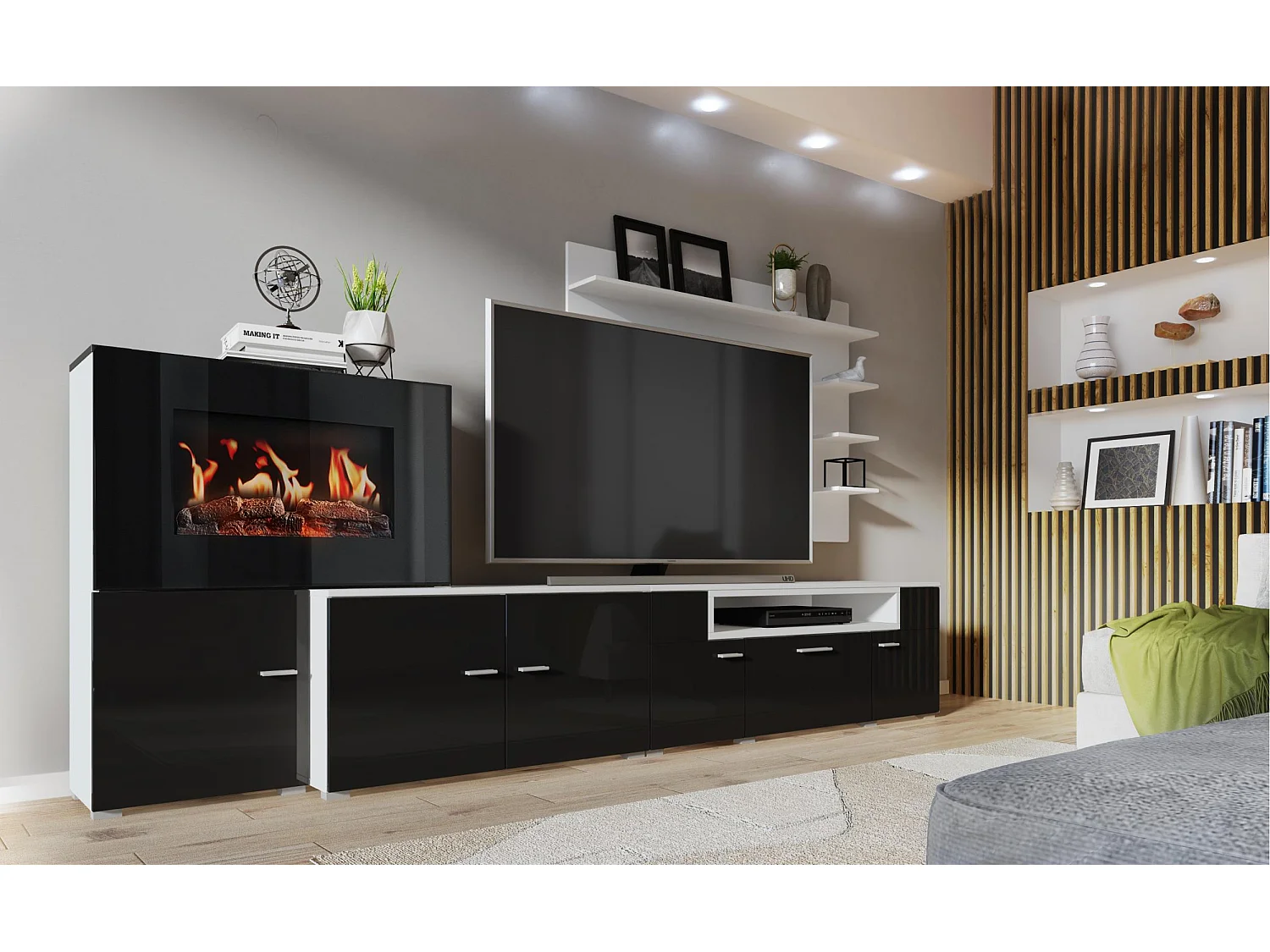 Mobili da soggiorno con camino elettrico a 5 livelli di fiamme, finitura bianco mate e nero laccato, 290x45x170cm