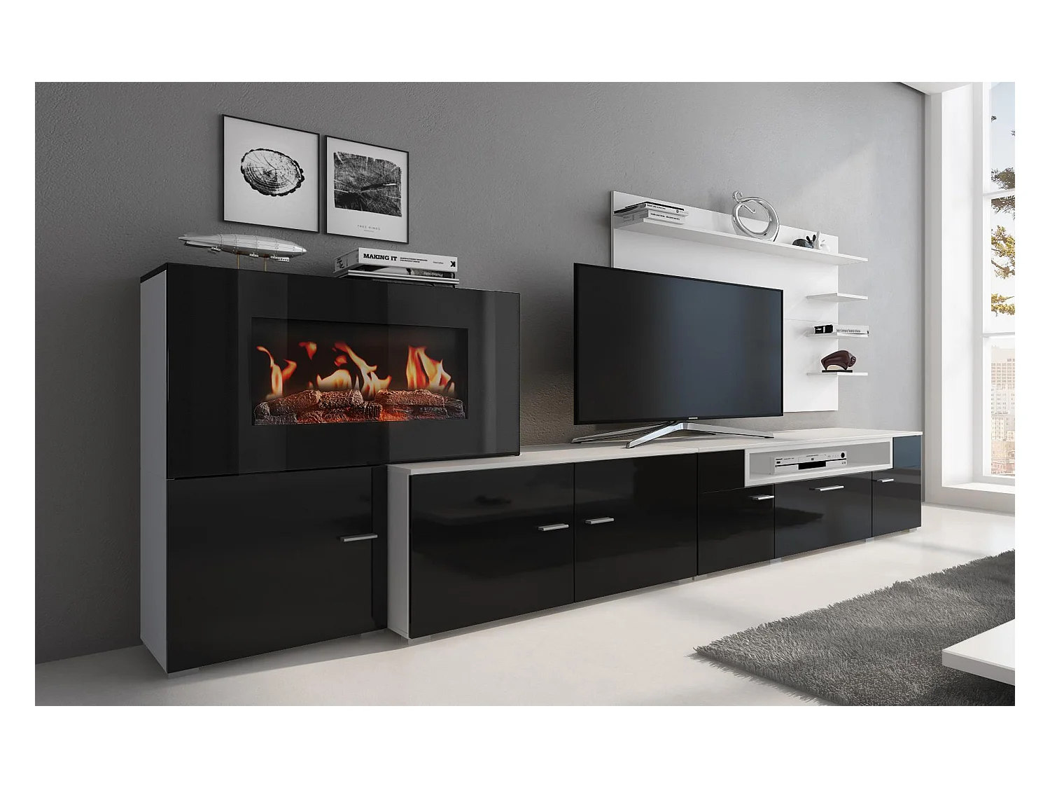 Mural TV Furniture, 290x45x170 cm, Elektrische open haard, 5 vlamniveaus, Matte en zwarte witte glans, Noordse stijl