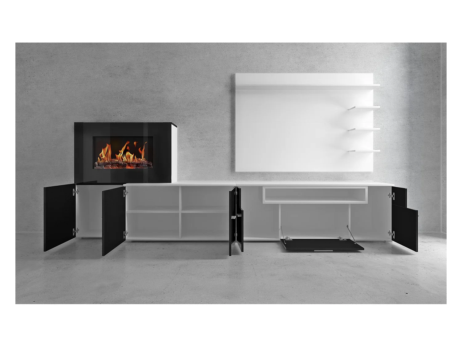 Mural TV Furniture, 290x45x170 cm, Elektrische open haard, 5 vlamniveaus, Matte en zwarte witte glans, Noordse stijl