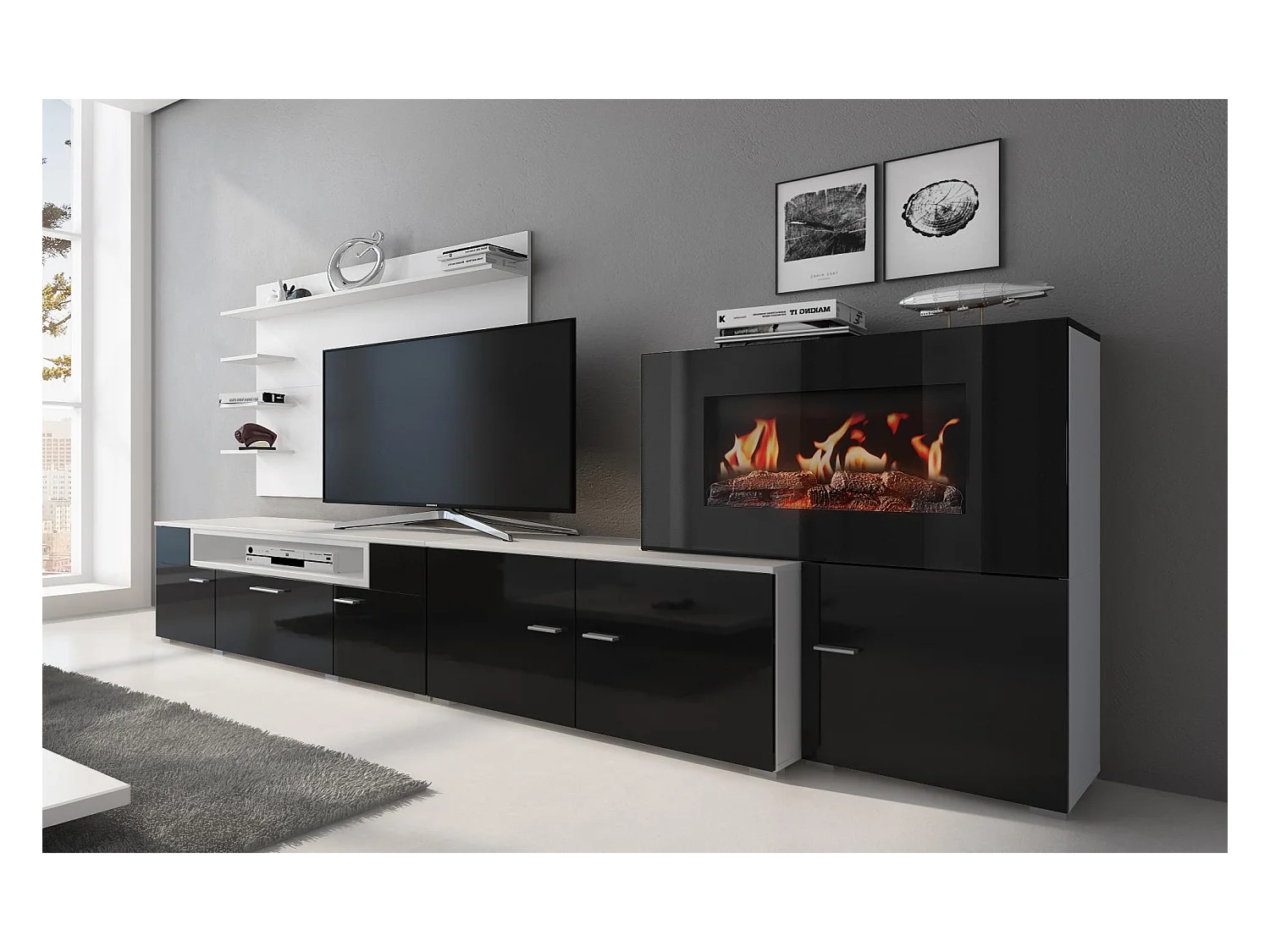 Mural TV Furniture, 290x45x170 cm, Elektrische open haard, 5 vlamniveaus, Matte en zwarte witte glans, Noordse stijl