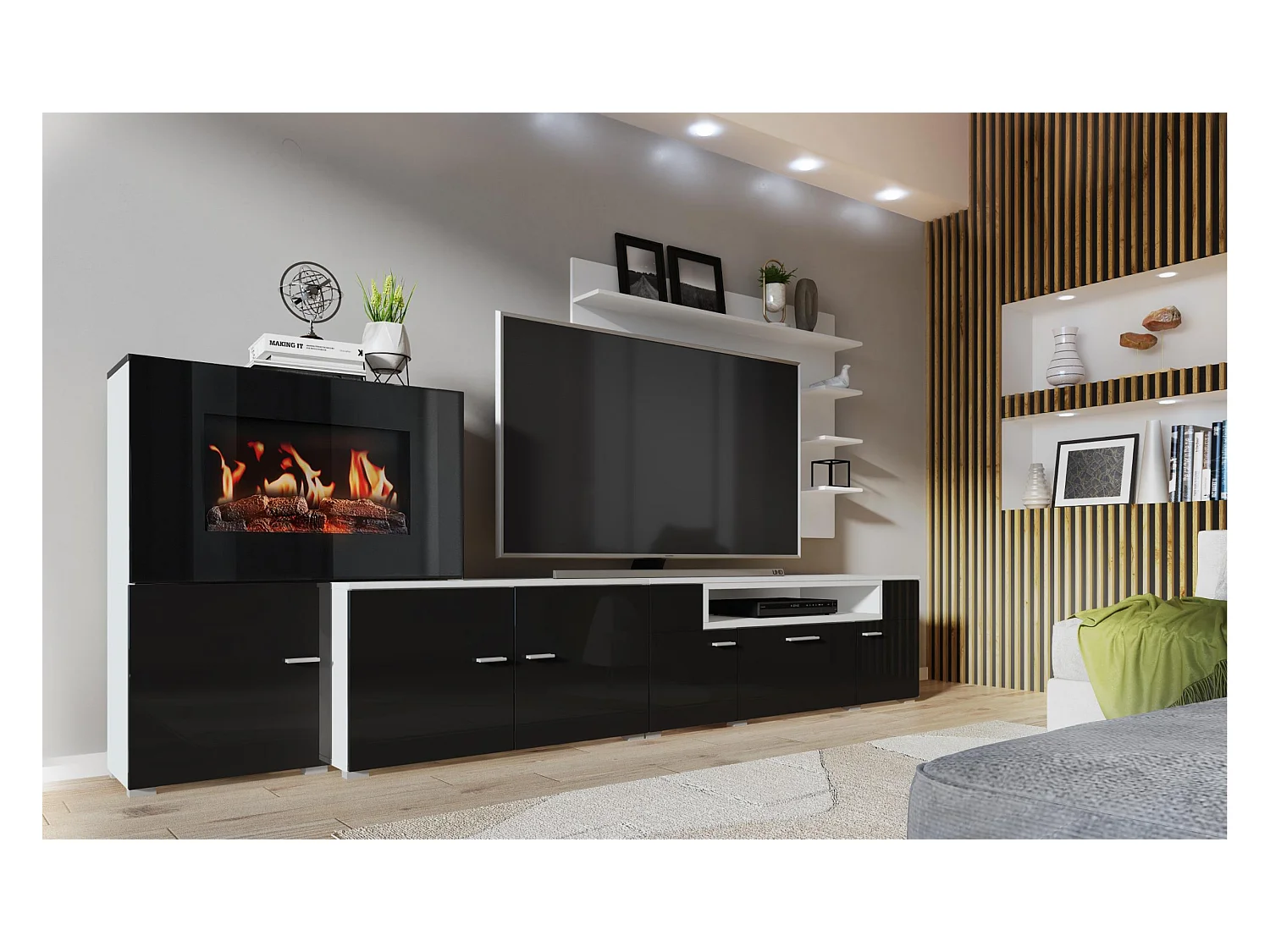 Mural TV Furniture, 290x45x170 cm, Elektrische open haard, 5 vlamniveaus, Matte en zwarte witte glans, Noordse stijl