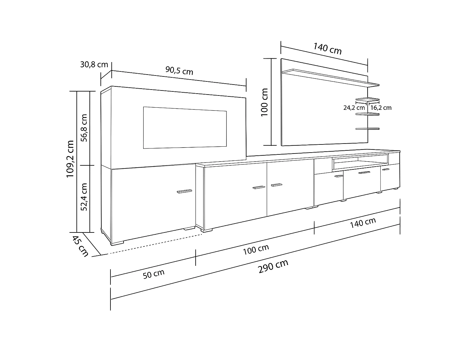 Mural TV Furniture, 290x45x170 cm, Elektrische open haard, 5 vlamniveaus, Matte en zwarte witte glans, Noordse stijl