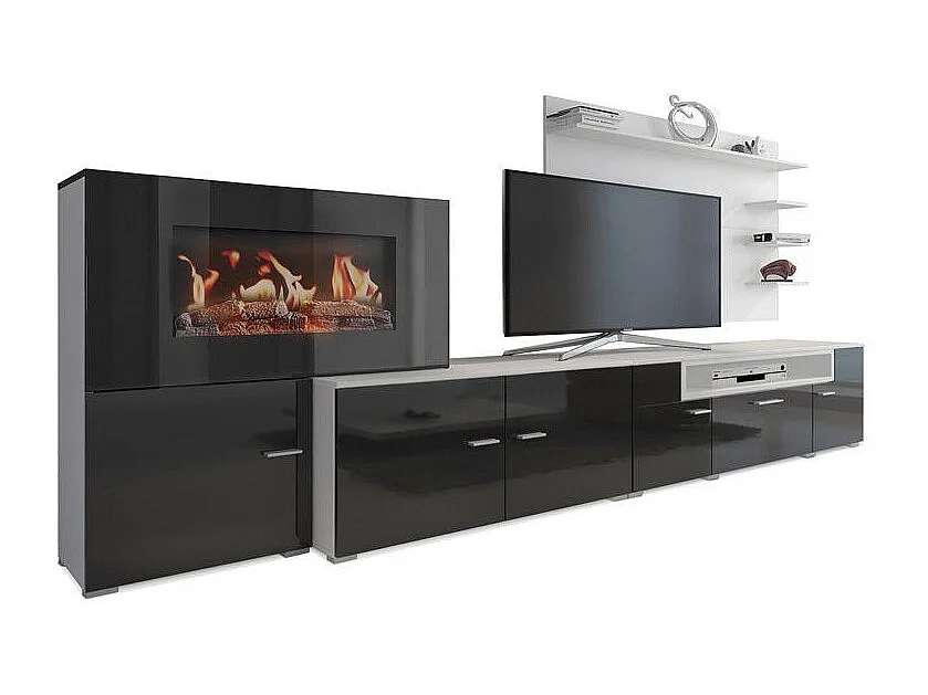 Mural TV Furniture, 290x45x170 cm, Elektrische open haard, 5 vlamniveaus, Matte en zwarte witte glans, Noordse stijl