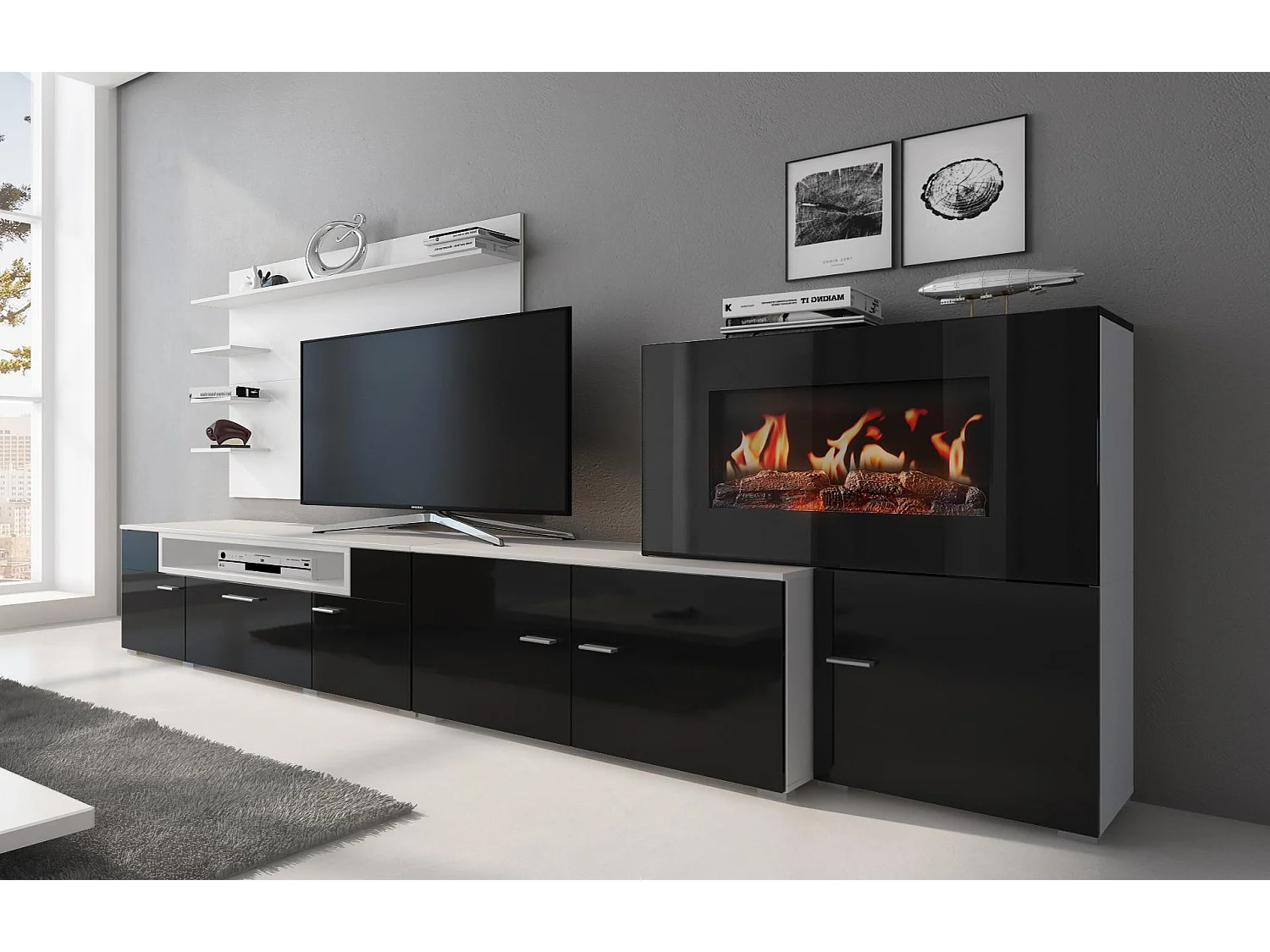 Mural TV Furniture, 290x45x170 cm, Elektrische open haard, 5 vlamniveaus, Matte en zwarte witte glans, Noordse stijl