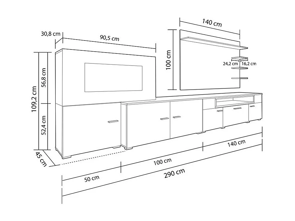 Mural TV Furniture, 290x45x170 cm, Elektrische open haard, 5 vlamniveaus, Matte en zwarte witte glans, Noordse stijl