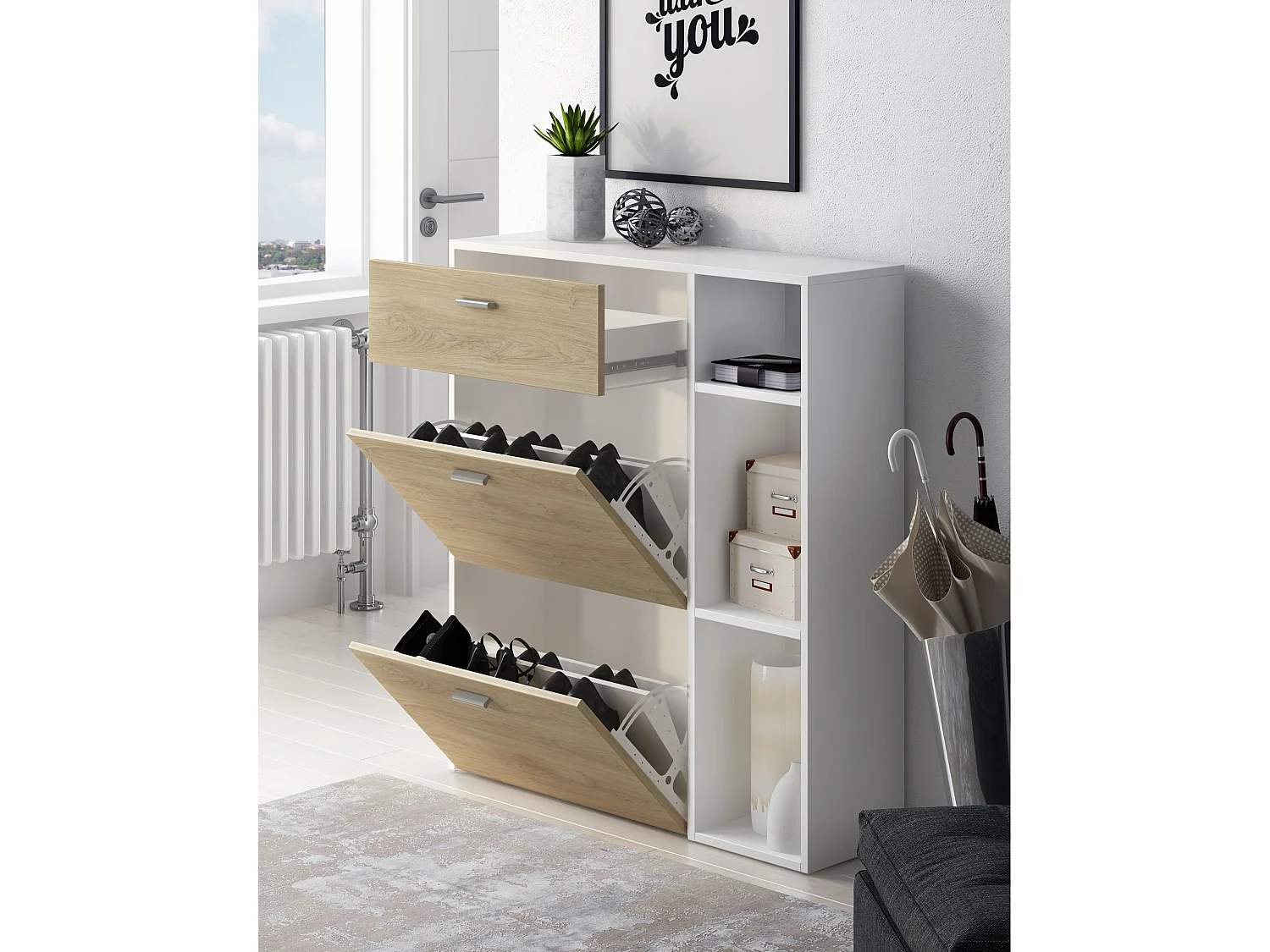 Zapatero Furniture, Windmodel, 90x26x101.5cm, TEGROEP HALL EN HALL, Wit en eiken, Moderne stijl