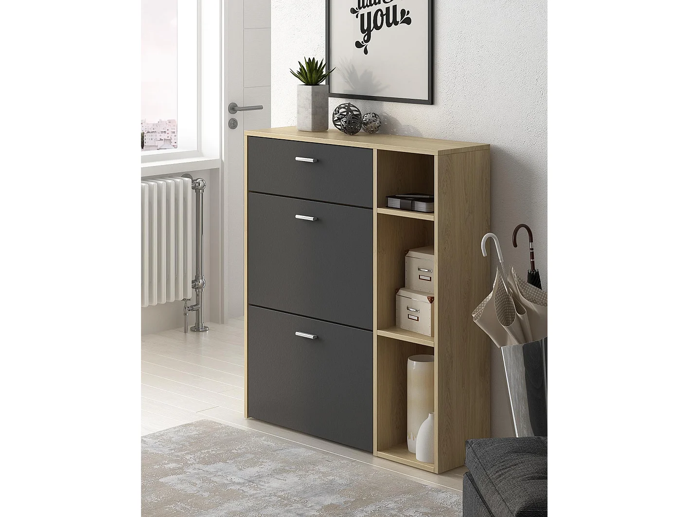 Meuble à chaussures WIND, couleur structure chêne, couleur Gris Anthracite, 90x26x101.5cm