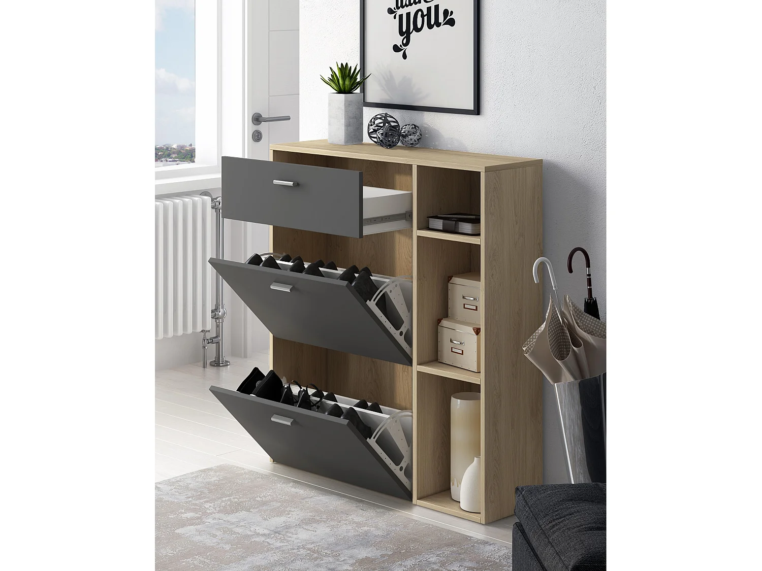 Meuble à chaussures WIND, couleur structure chêne, couleur Gris Anthracite, 90x26x101.5cm