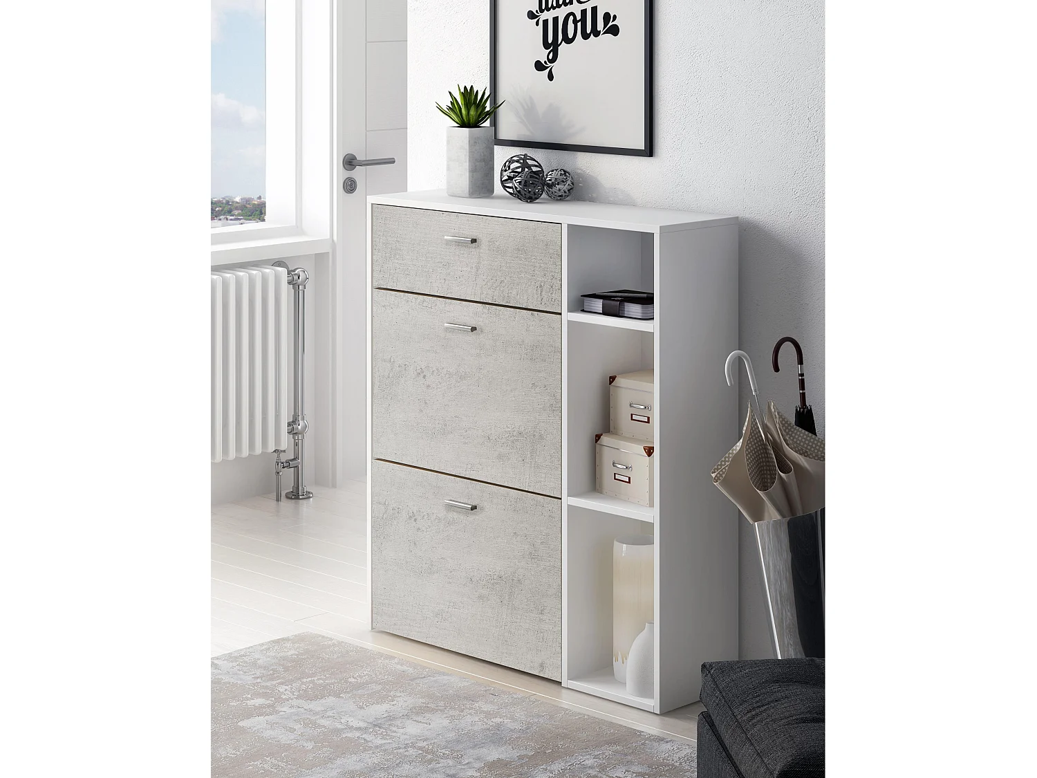 Zapatero Furniture, Windmodel, 90x26x101.5cm, TEGROEP HALL EN HALL, Wit en cement, Moderne stijl