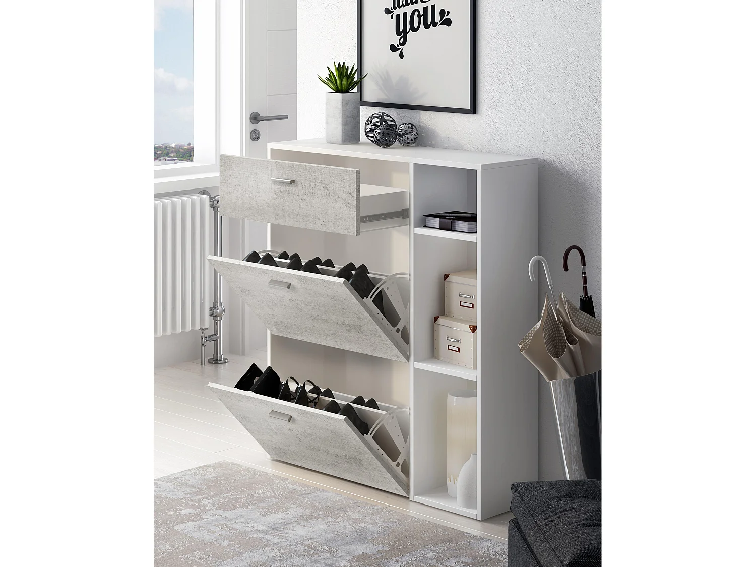 Zapatero Furniture, Windmodel, 90x26x101.5cm, TEGROEP HALL EN HALL, Wit en cement, Moderne stijl
