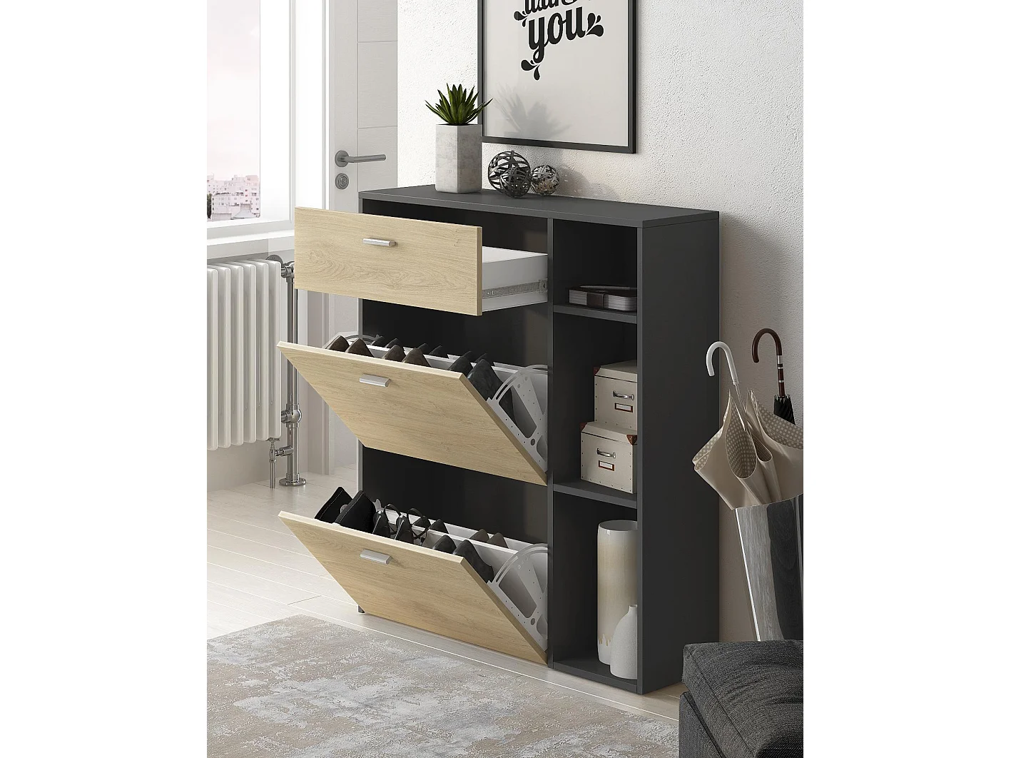 Zapatero WIND, color estructura Gris Antracita, color roble, 90x26x102cm
