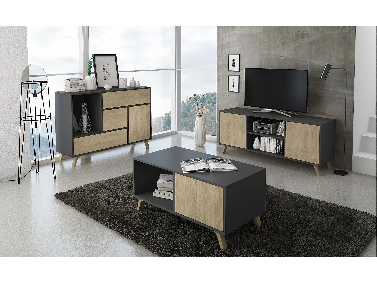 Zapatero WIND, color estructura Gris Antracita, color roble, 90x26x102cm